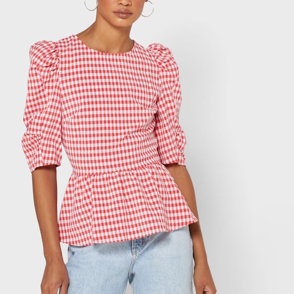 Topshop red gingham puff sleeve open back top - uk 8 us 4 - Picture 2 of 4